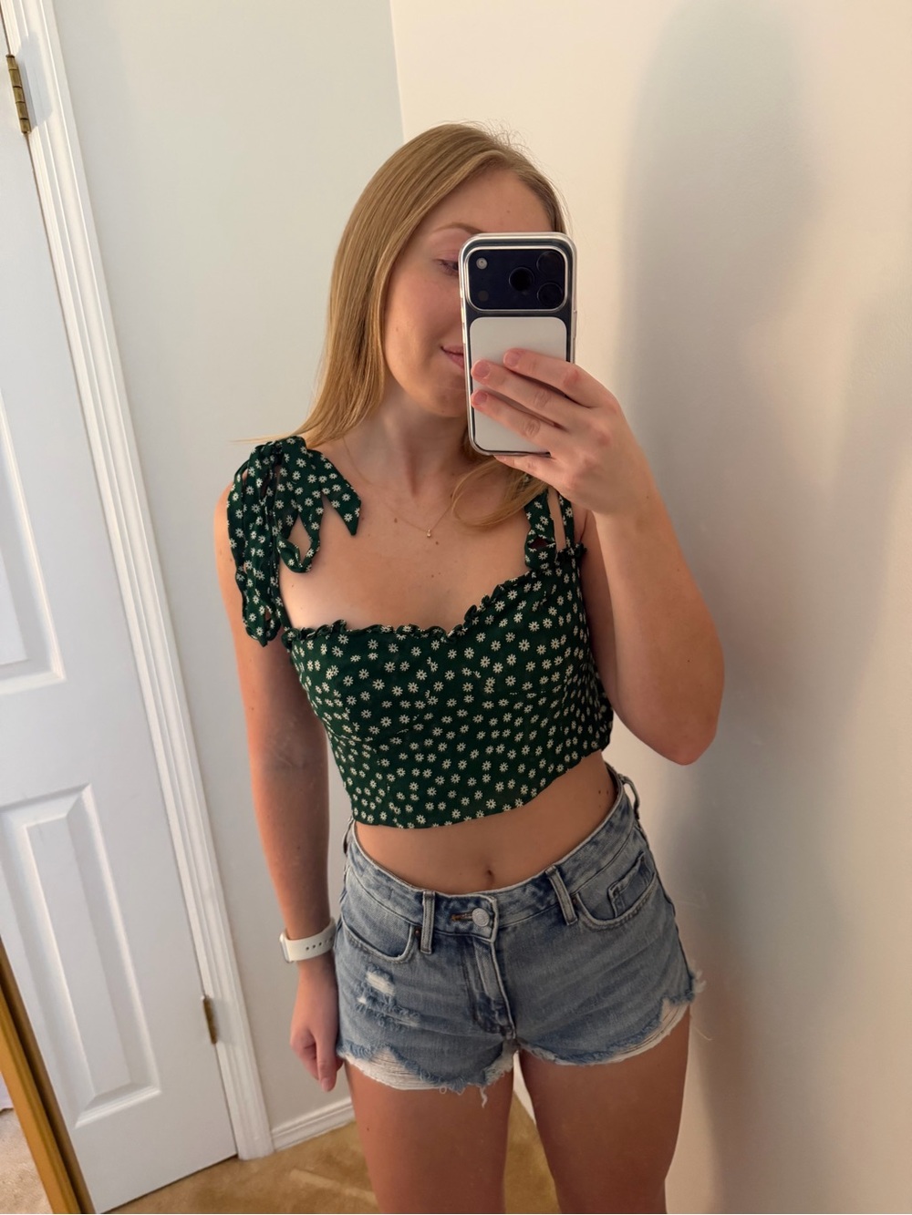 Reformation Dark Green Floral Tie-Shoulder Smocked Crop Top